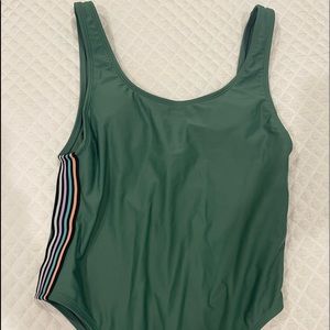 Green one piece with stripes down side